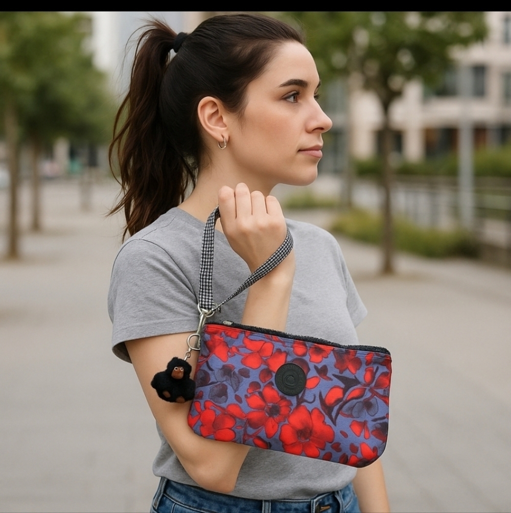 Kipling Daniel Monkey Wristlet Pouch Floral Print Red Blue Black Logo Bag